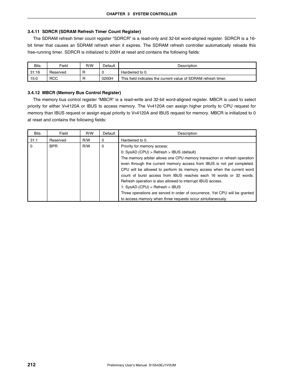 11 sdrcr (sdram refresh timer count register), 12 mbcr (memory bus control register) | NEC Network Controller uPD98502 User Manual | Page 212 / 595