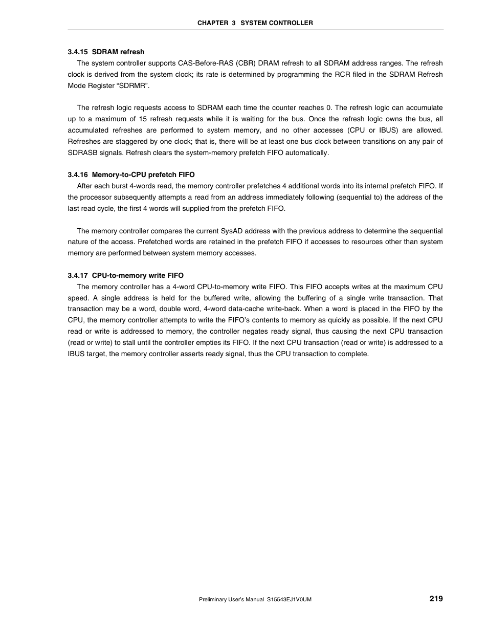 15 sdram refresh, 16 memory-to-cpu prefetch fifo, 17 cpu-to-memory write fifo | NEC Network Controller uPD98502 User Manual | Page 219 / 595