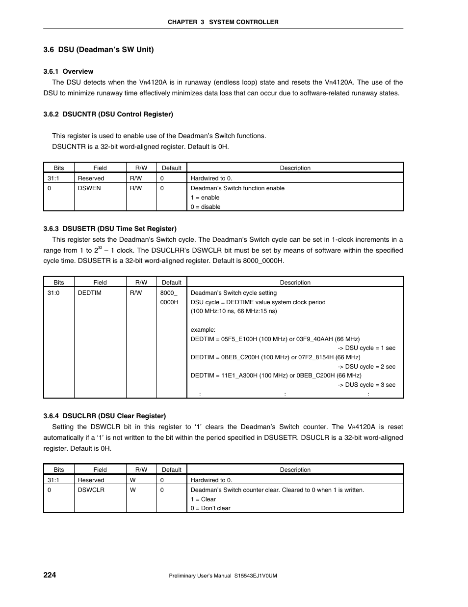 6 dsu (deadman’s sw unit), 1 overview, 2 dsucntr (dsu control register) | 3 dsusetr (dsu time set register), 4 dsuclrr (dsu clear register) | NEC Network Controller uPD98502 User Manual | Page 224 / 595