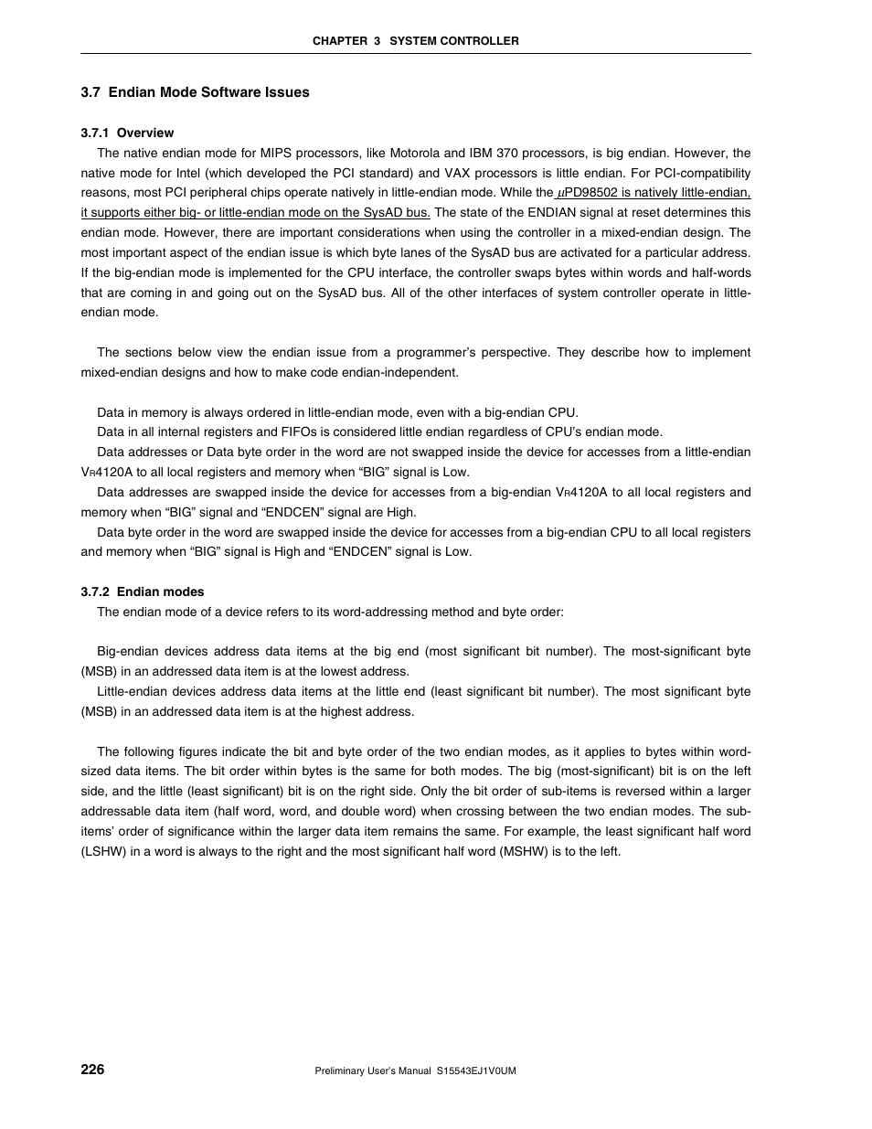 7 endian mode software issues, 1 overview, 2 endian modes | NEC Network Controller uPD98502 User Manual | Page 226 / 595