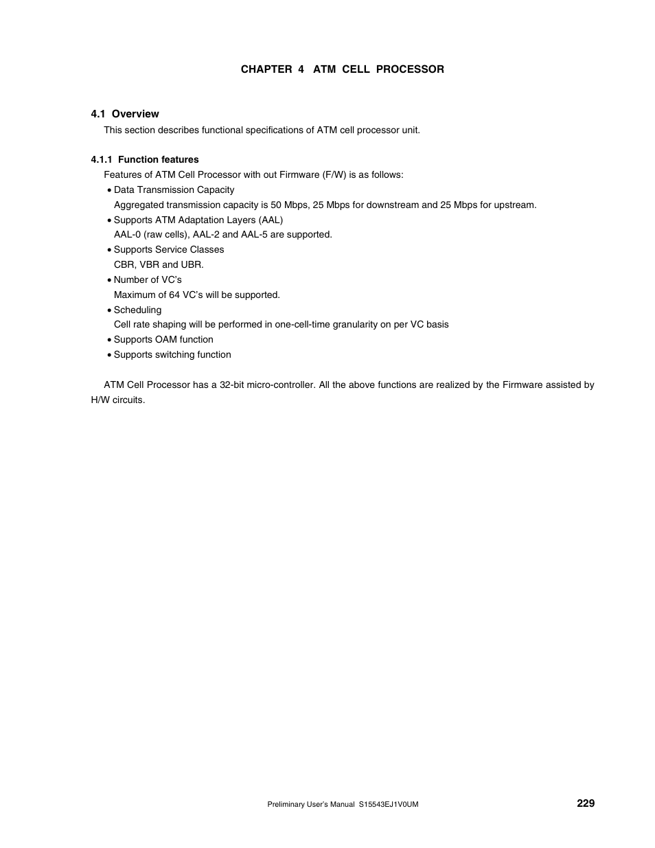 Chapter 4 atm cell processor, 1 overview, 1 function features | NEC Network Controller uPD98502 User Manual | Page 229 / 595