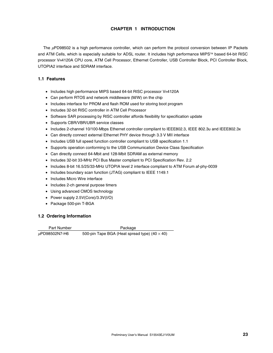 Chapter 1 introduction, 1 features, 2 ordering information | NEC Network Controller uPD98502 User Manual | Page 23 / 595