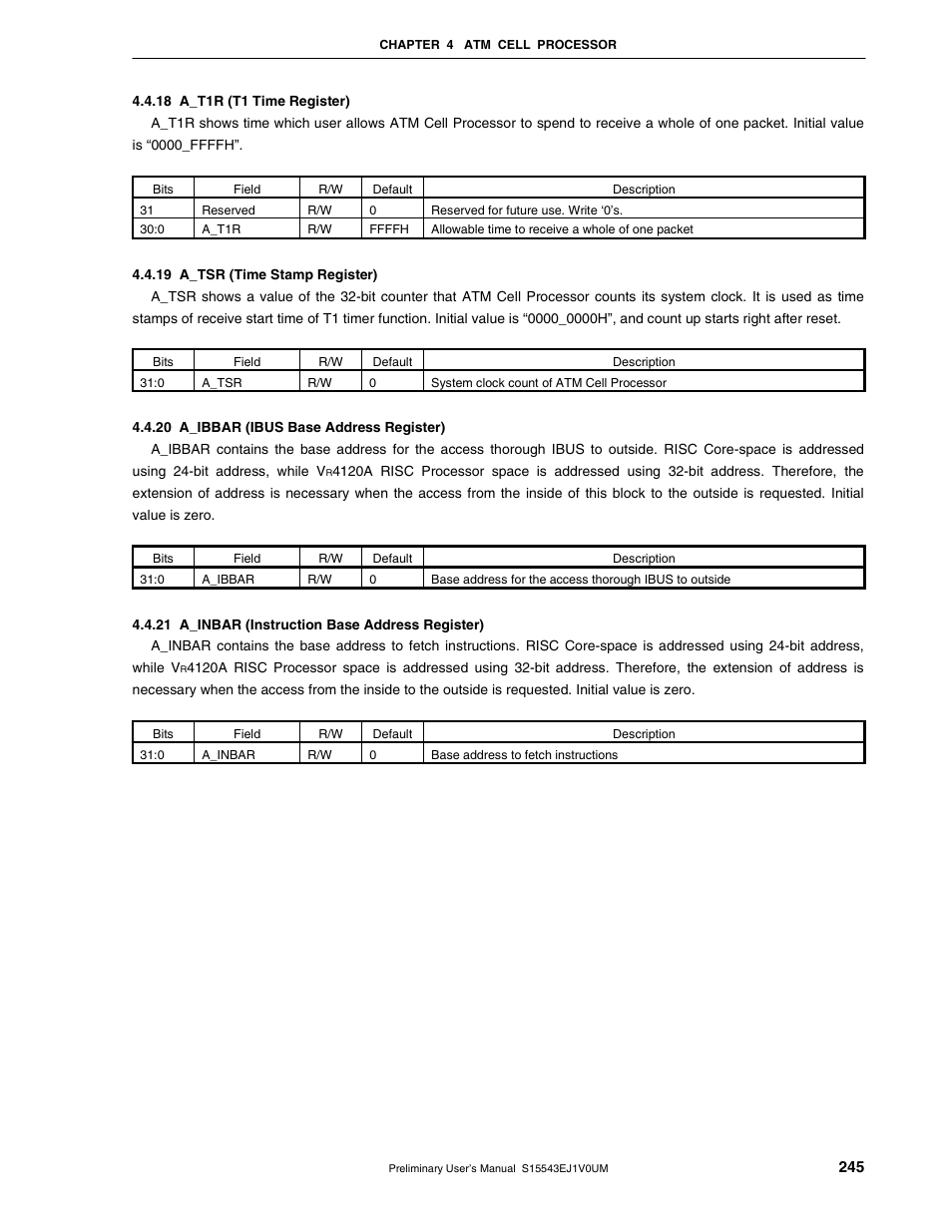 18 a_t1r (t1 time register), 19 a_tsr (time stamp register), 20 a_ibbar (ibus base address register) | 21 a_inbar (instruction base address register) | NEC Network Controller uPD98502 User Manual | Page 245 / 595