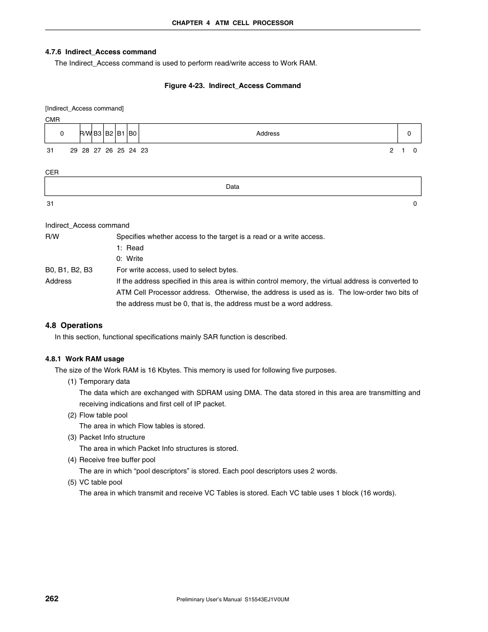 6 indirect_access command, 8 operations, 1 work ram usage | NEC Network Controller uPD98502 User Manual | Page 262 / 595