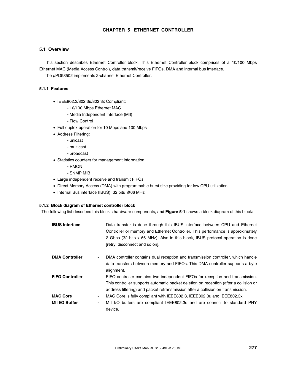 Chapter 5 ethernet controller, 1 overview, 1 features | 2 block diagram of ethernet controller block | NEC Network Controller uPD98502 User Manual | Page 277 / 595