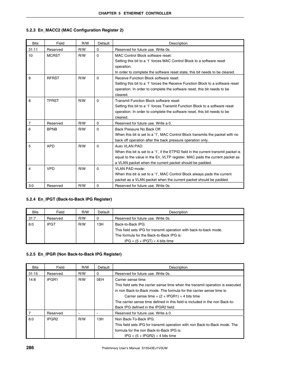 3 en_macc2 (mac configuration register 2), 4 en_ipgt (back-to-back ipg register), 5 en_ipgr (non back-to-back ipg register) | NEC Network Controller uPD98502 User Manual | Page 286 / 595