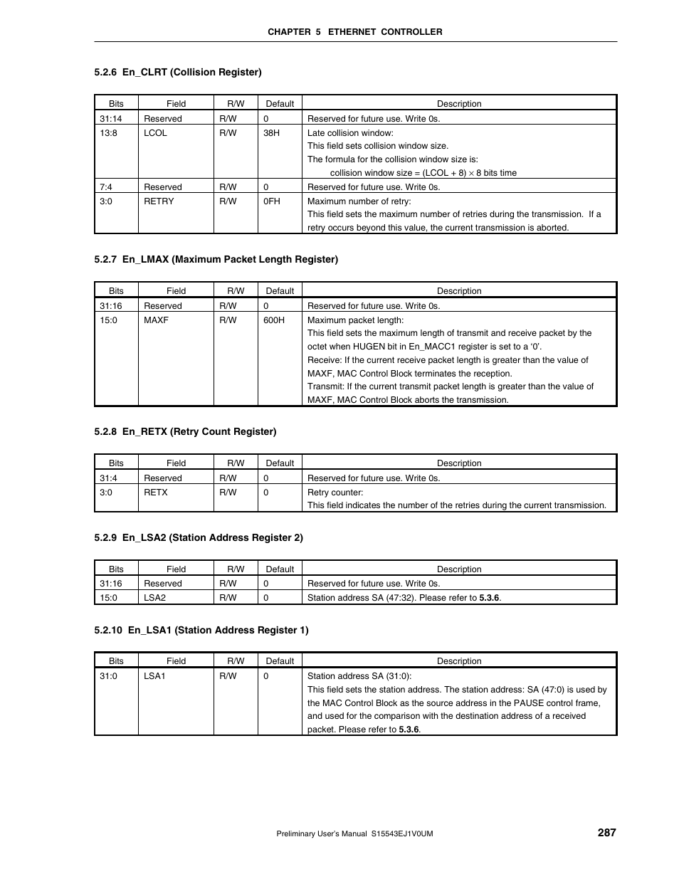 6 en_clrt (collision register), 7 en_lmax (maximum packet length register), 8 en_retx (retry count register) | 9 en_lsa2 (station address register 2), 10 en_lsa1 (station address register 1) | NEC Network Controller uPD98502 User Manual | Page 287 / 595