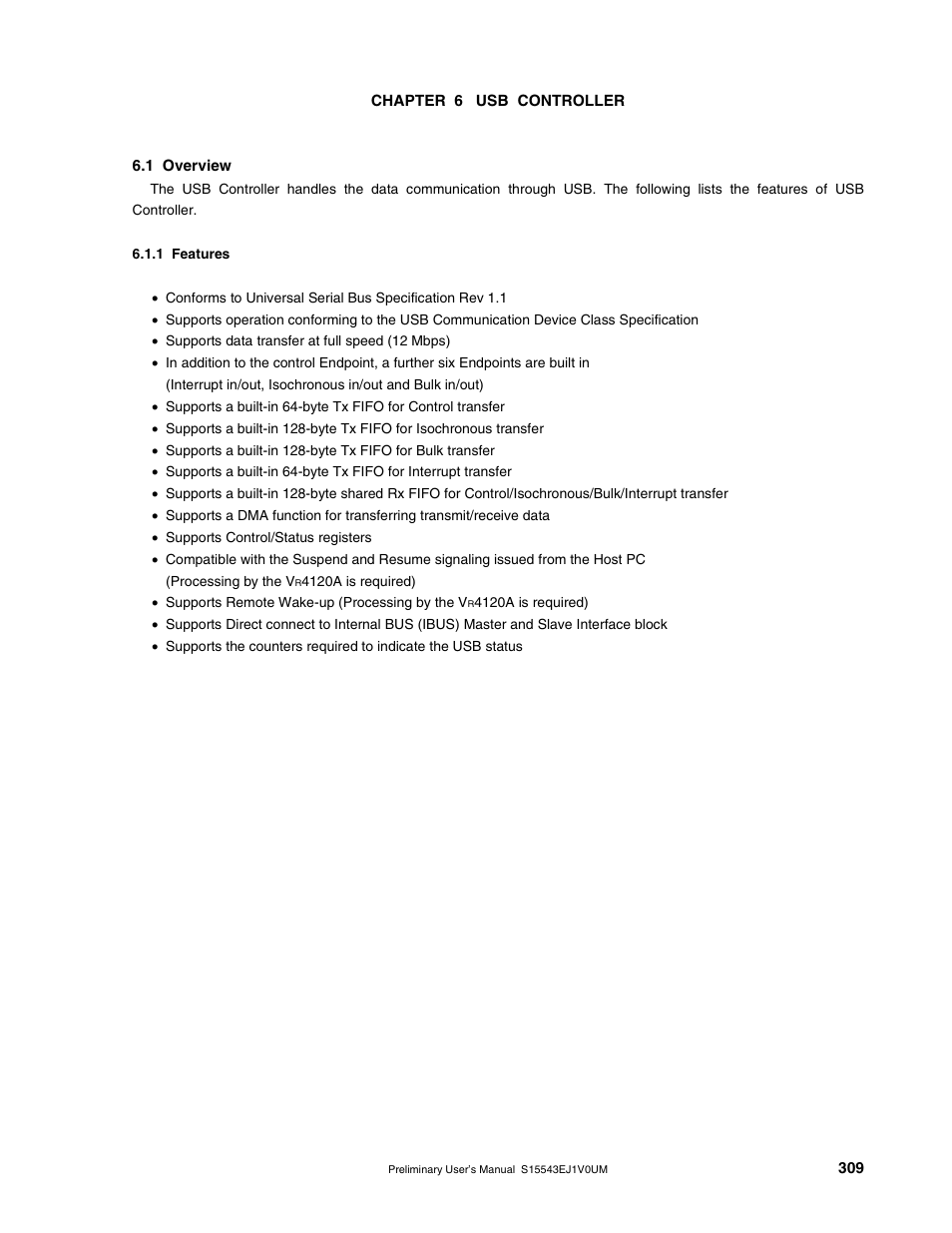 Chapter 6 usb controller, 1 overview, 1 features | NEC Network Controller uPD98502 User Manual | Page 309 / 595