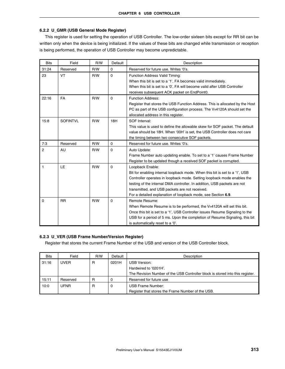2 u_gmr (usb general mode register), 3 u_ver (usb frame number/version register) | NEC Network Controller uPD98502 User Manual | Page 313 / 595
