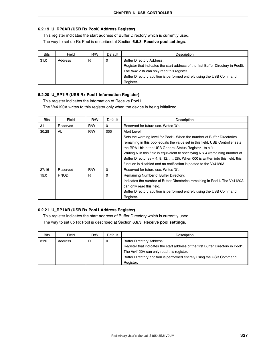 19 u_rp0ar (usb rx pool0 address register), 20 u_rp1ir (usb rx pool1 information register), 21 u_rp1ar (usb rx pool1 address register) | NEC Network Controller uPD98502 User Manual | Page 327 / 595