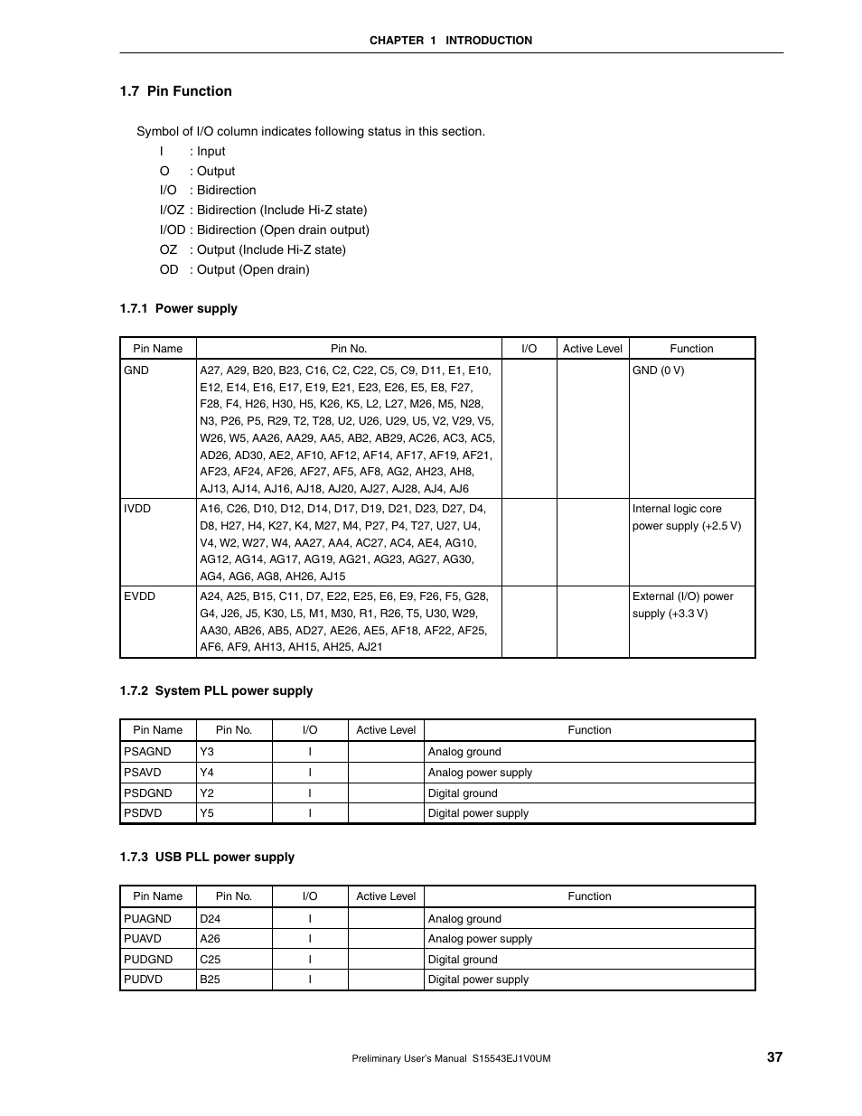 7 pin function, 1 power supply, 2 system pll power supply | 3 usb pll power supply | NEC Network Controller uPD98502 User Manual | Page 37 / 595