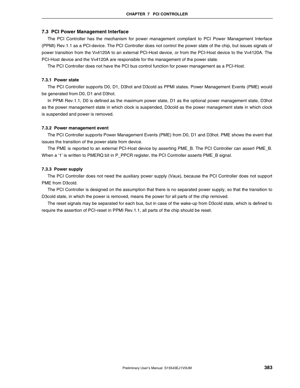 3 pci power management interface, 1 power state, 2 power management event | 3 power supply | NEC Network Controller uPD98502 User Manual | Page 383 / 595