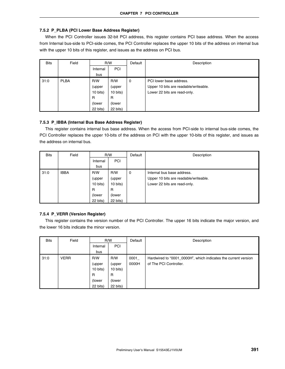 2 p_plba (pci lower base address register), 3 p_ibba (internal bus base address register), 4 p_verr (version register) | NEC Network Controller uPD98502 User Manual | Page 391 / 595