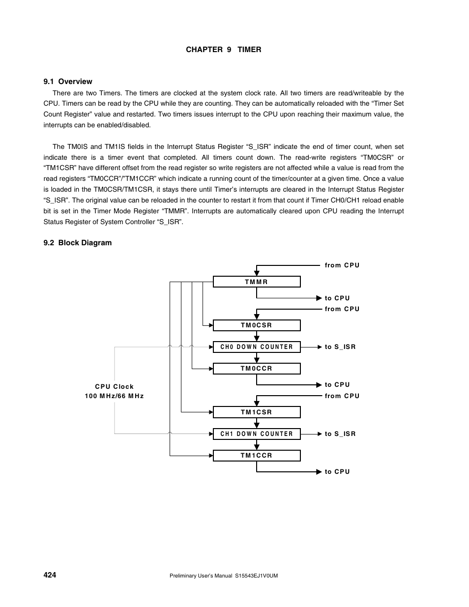 Chapter 9 timer, 1 overview, 2 block diagram | NEC Network Controller uPD98502 User Manual | Page 424 / 595