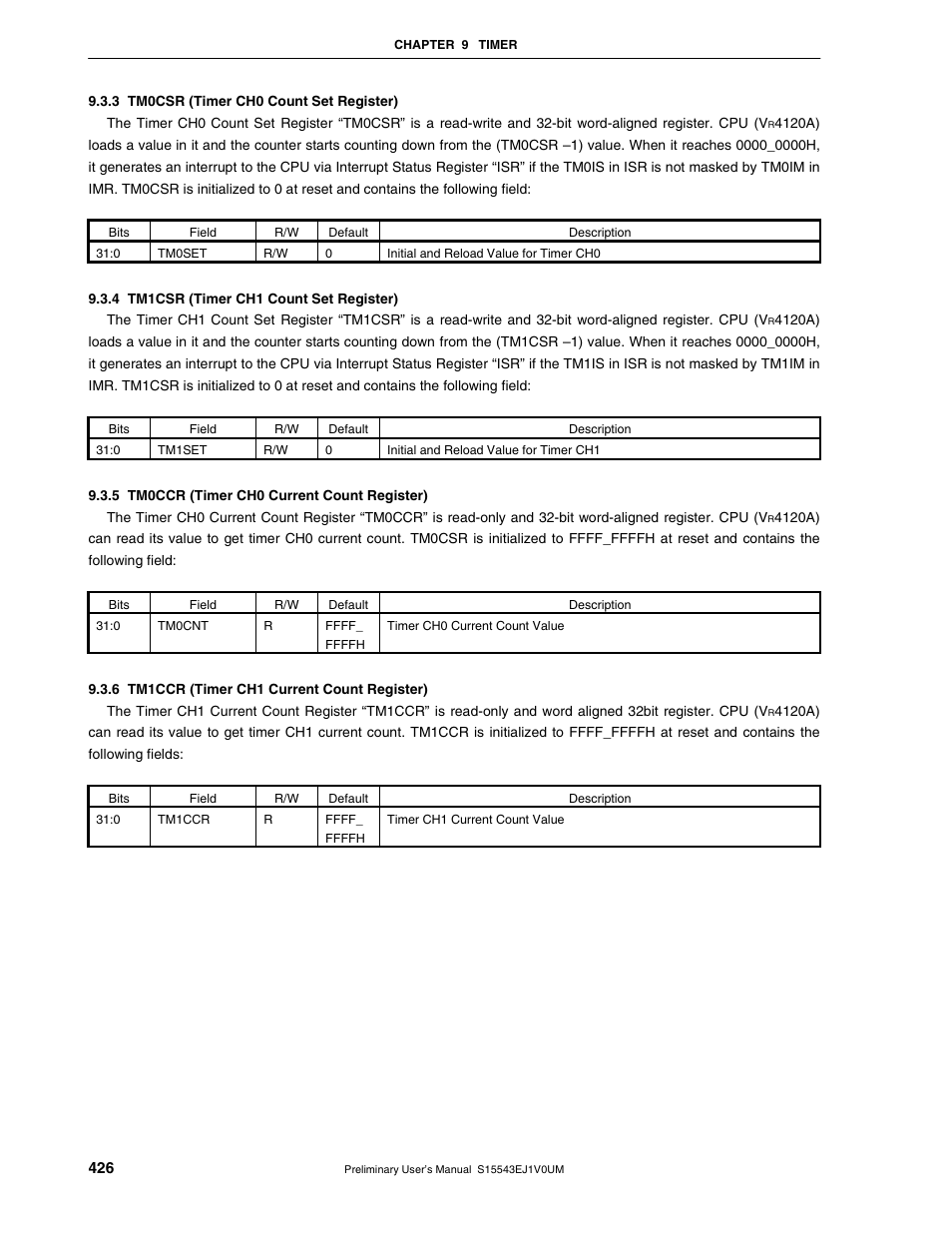 3 tm0csr (timer ch0 count set register), 4 tm1csr (timer ch1 count set register), 5 tm0ccr (timer ch0 current count register) | 6 tm1ccr (timer ch1 current count register) | NEC Network Controller uPD98502 User Manual | Page 426 / 595