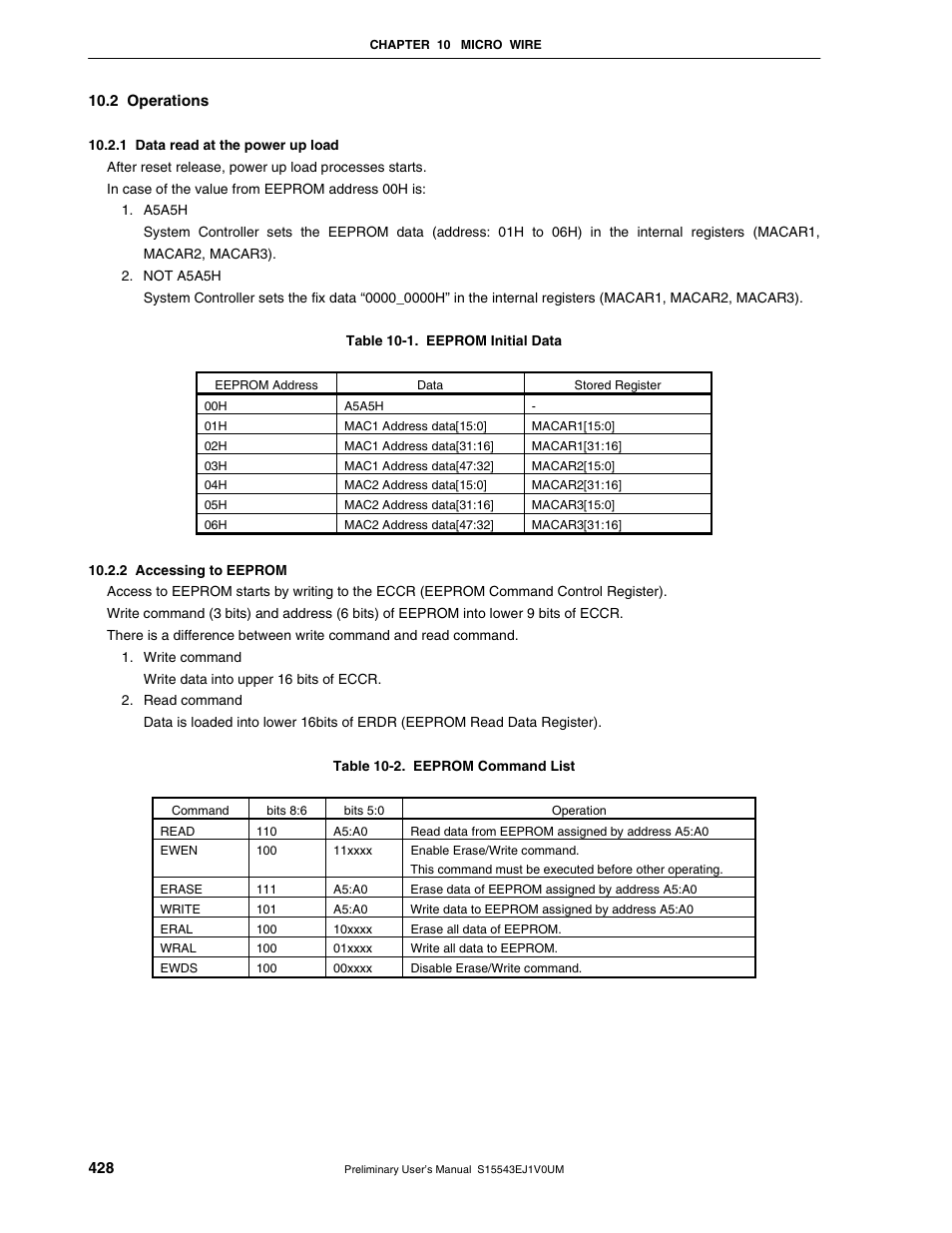 2 operations, 1 data read at the power up load, 2 accessing to eeprom | NEC Network Controller uPD98502 User Manual | Page 428 / 595