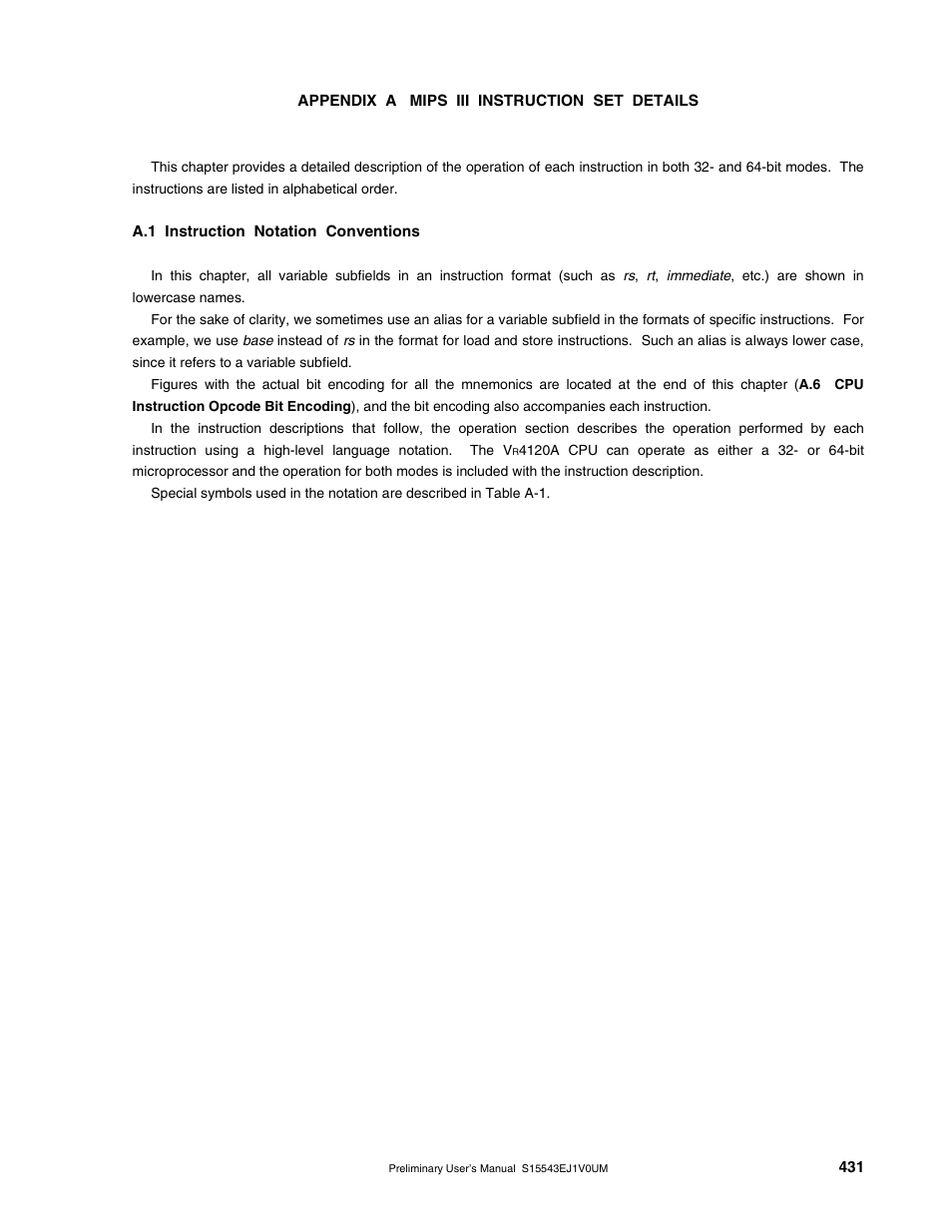Appendix a mips iii instruction set details, A.1 instruction notation conventions | NEC Network Controller uPD98502 User Manual | Page 431 / 595