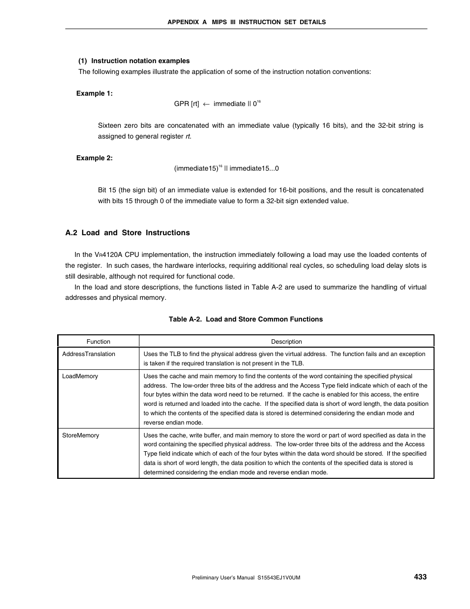 A.2 load and store instructions | NEC Network Controller uPD98502 User Manual | Page 433 / 595