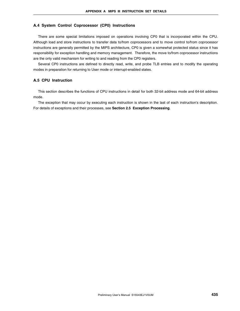 A.4 system control coprocessor (cp0) instructions, A.5 cpu instruction | NEC Network Controller uPD98502 User Manual | Page 435 / 595