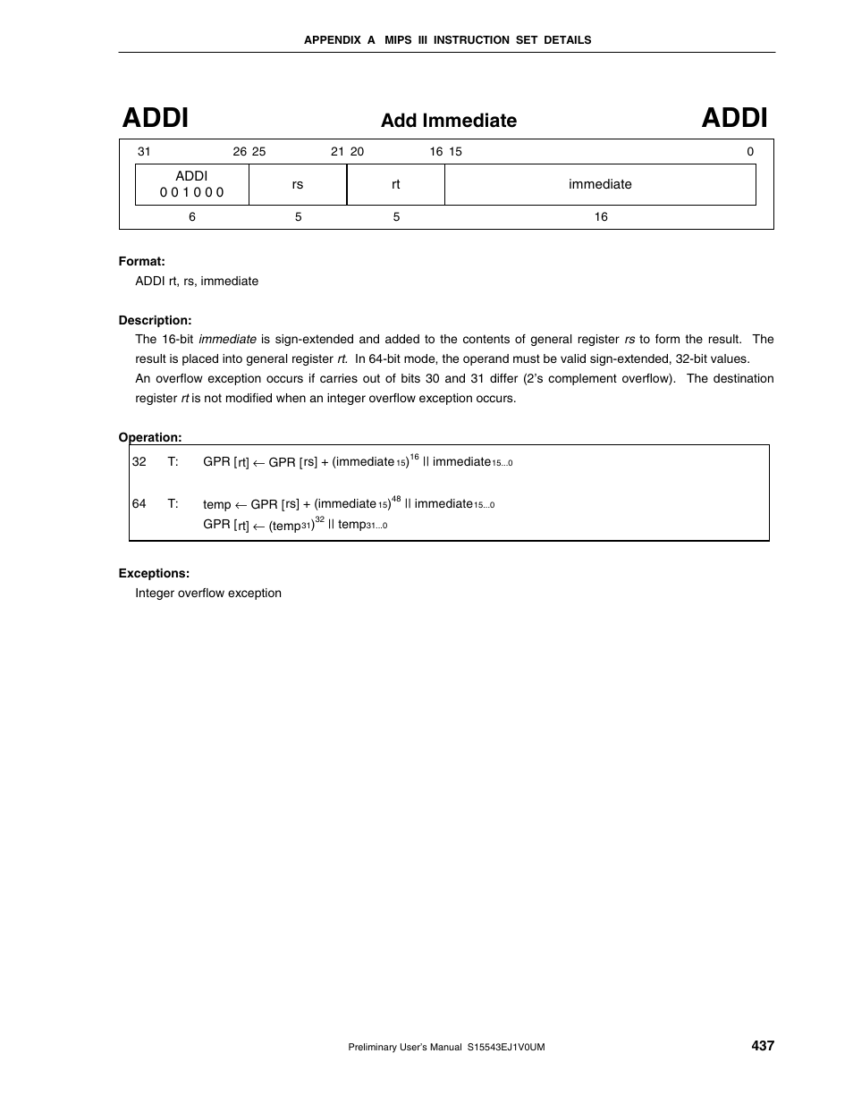 Addi, Add immediate | NEC Network Controller uPD98502 User Manual | Page 437 / 595