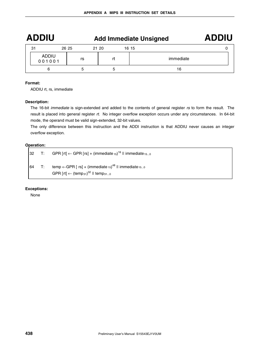Addiu, Add immediate unsigned | NEC Network Controller uPD98502 User Manual | Page 438 / 595
