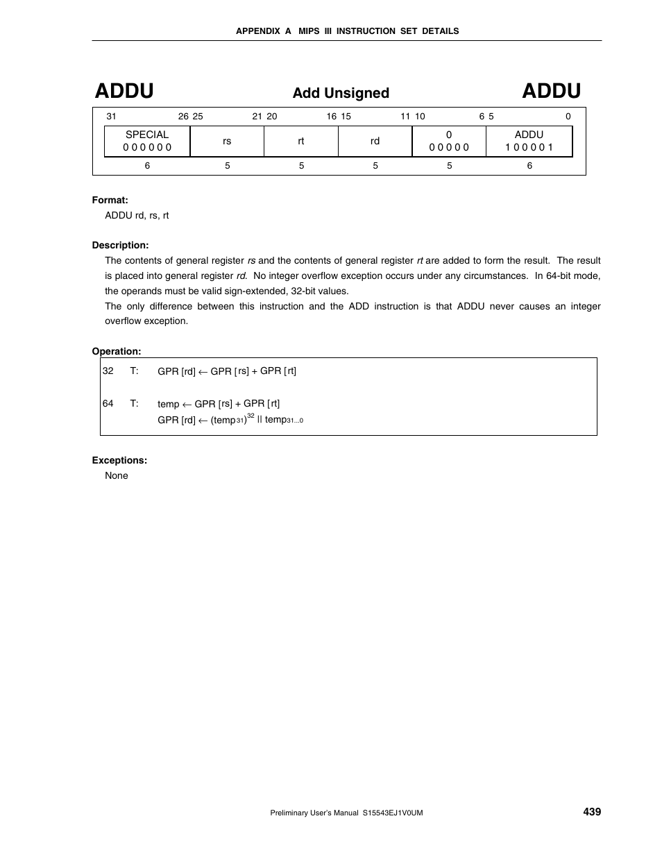 Addu, Add unsigned | NEC Network Controller uPD98502 User Manual | Page 439 / 595