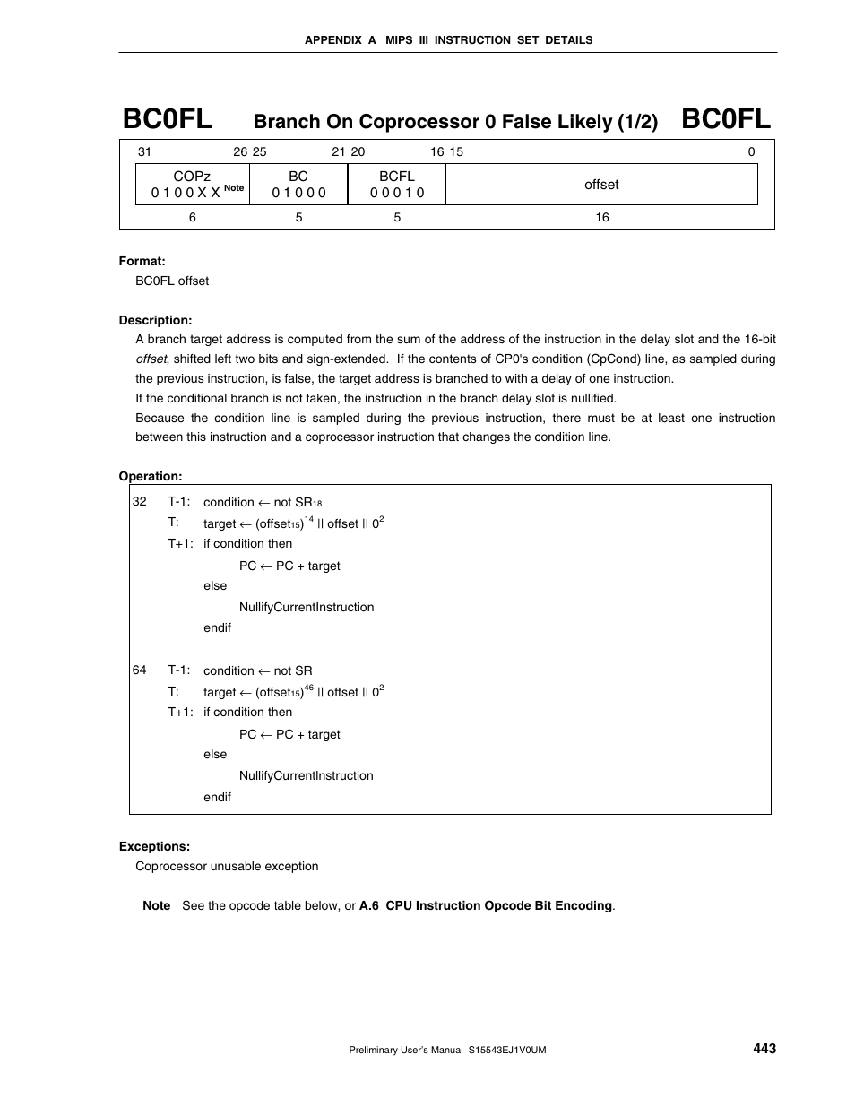Bc0fl, Branch on coprocessor 0 false likely (1/2) | NEC Network Controller uPD98502 User Manual | Page 443 / 595