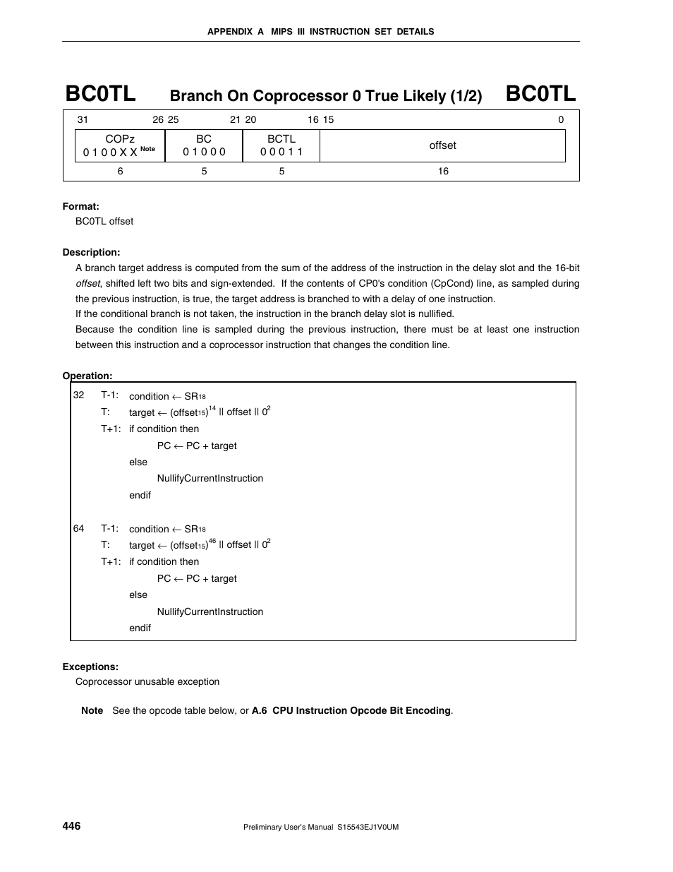 Bc0tl, Branch on coprocessor 0 true likely (1/2) | NEC Network Controller uPD98502 User Manual | Page 446 / 595