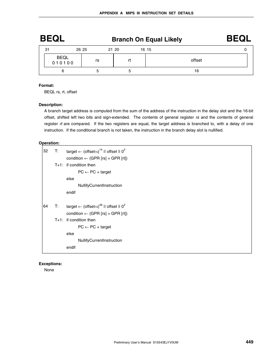 Beql, Branch on equal likely | NEC Network Controller uPD98502 User Manual | Page 449 / 595