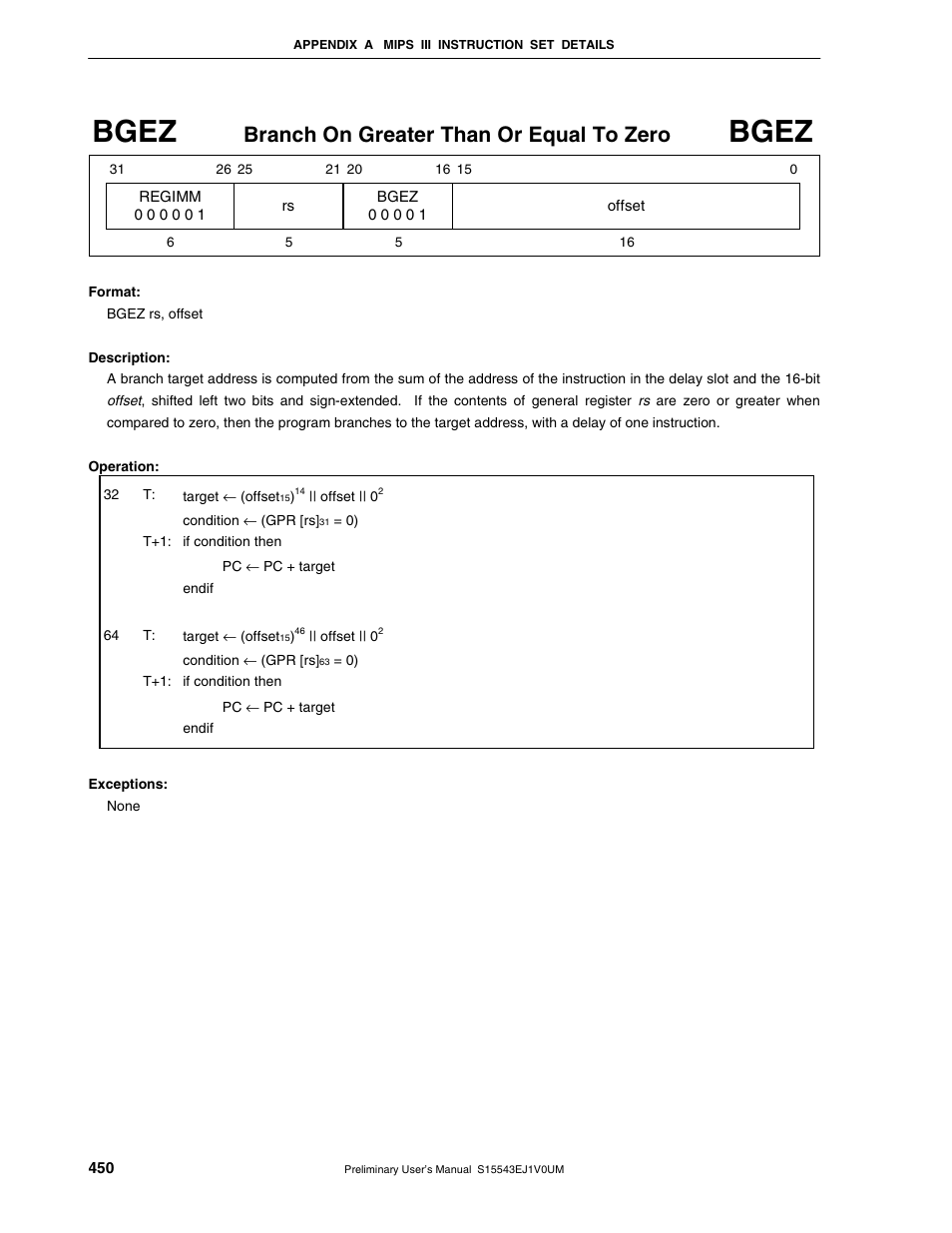 Bgez, Branch on greater than or equal to zero | NEC Network Controller uPD98502 User Manual | Page 450 / 595