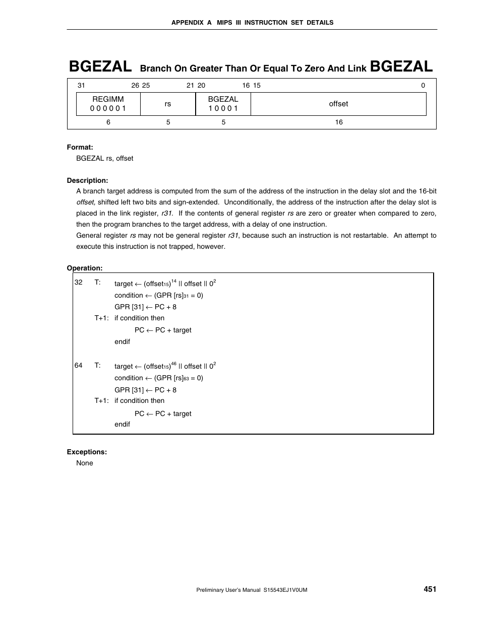 Bgezal, Branch on greater than or equal to zero and link | NEC Network Controller uPD98502 User Manual | Page 451 / 595