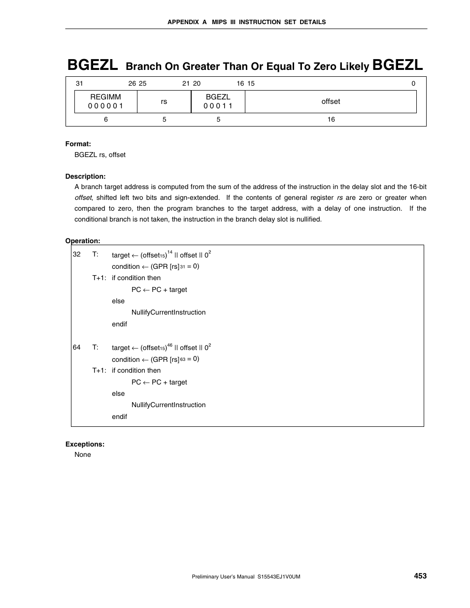 Bgezl, Branch on greater than or equal to zero likely | NEC Network Controller uPD98502 User Manual | Page 453 / 595