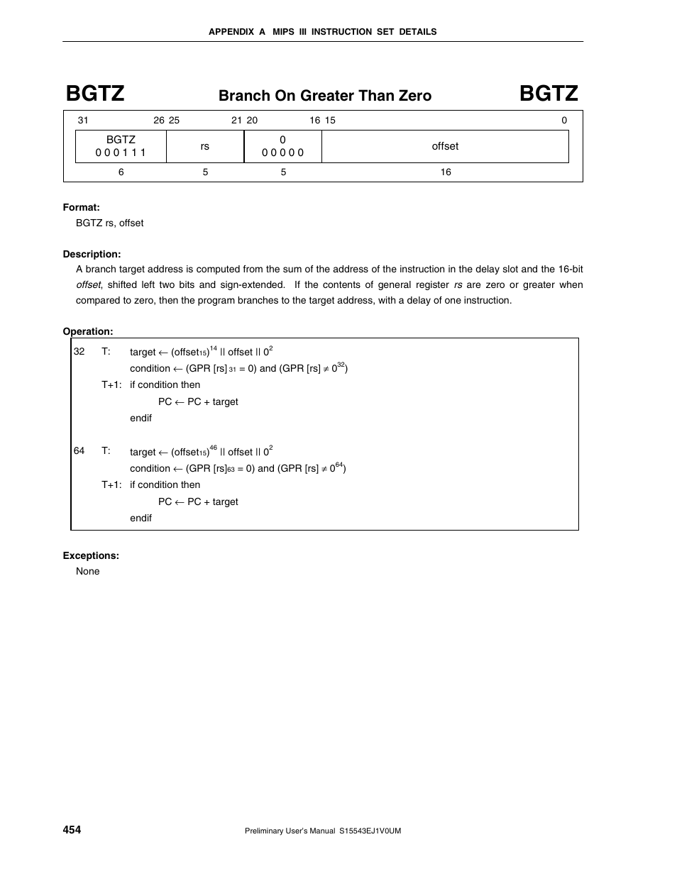 Bgtz, Branch on greater than zero | NEC Network Controller uPD98502 User Manual | Page 454 / 595