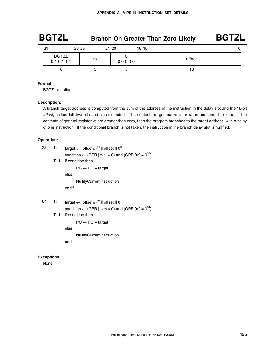 Bgtzl, Branch on greater than zero likely | NEC Network Controller uPD98502 User Manual | Page 455 / 595