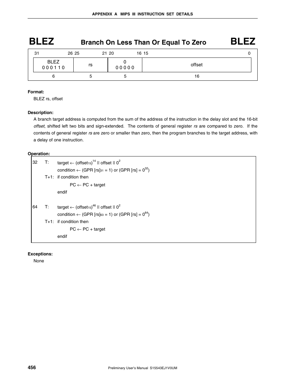 Blez, Branch on less than or equal to zero | NEC Network Controller uPD98502 User Manual | Page 456 / 595