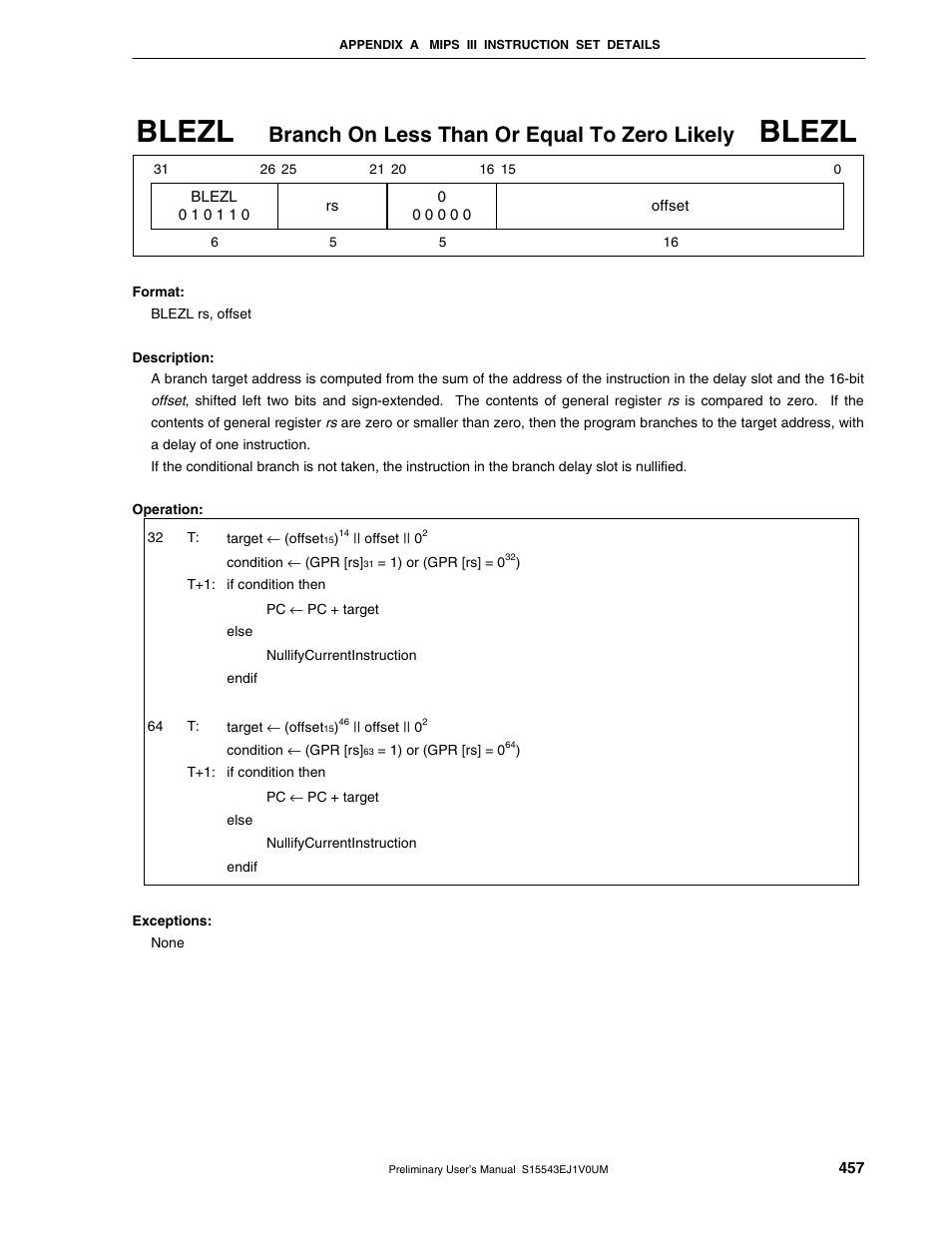 Blezl, Branch on less than or equal to zero likely | NEC Network Controller uPD98502 User Manual | Page 457 / 595