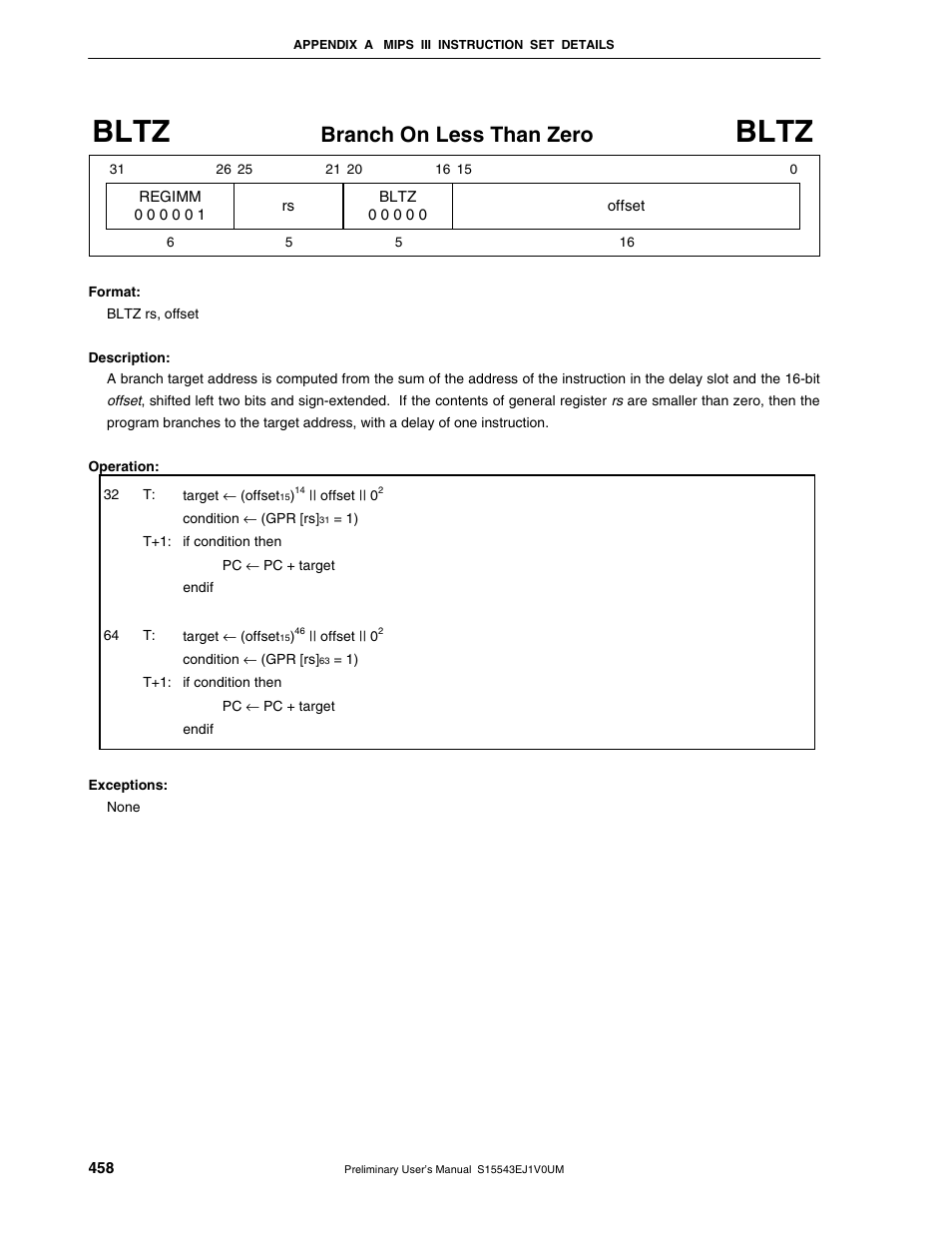Bltz, Branch on less than zero | NEC Network Controller uPD98502 User Manual | Page 458 / 595