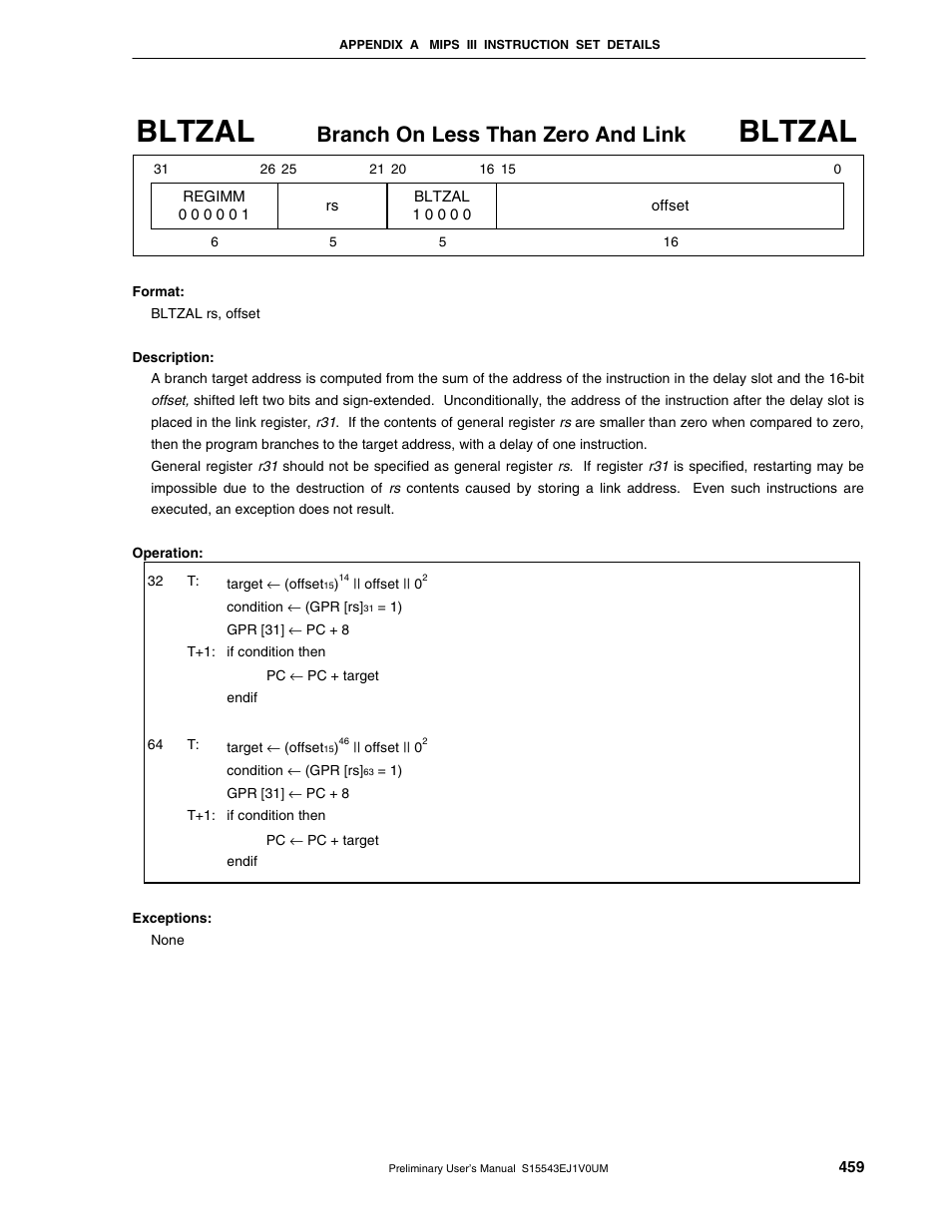 Bltzal, Branch on less than zero and link | NEC Network Controller uPD98502 User Manual | Page 459 / 595