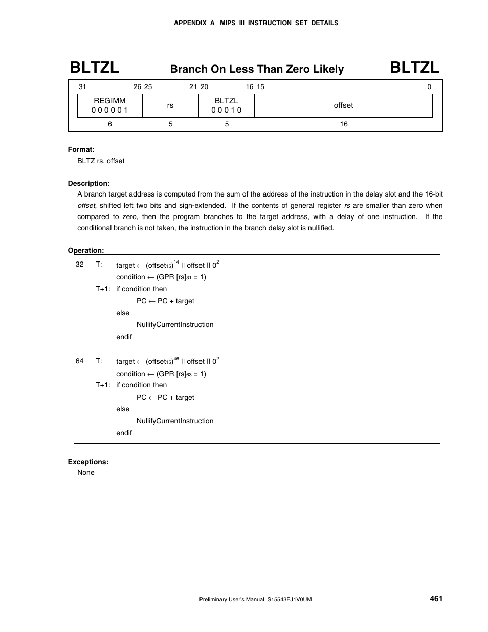 Bltzl, Branch on less than zero likely | NEC Network Controller uPD98502 User Manual | Page 461 / 595
