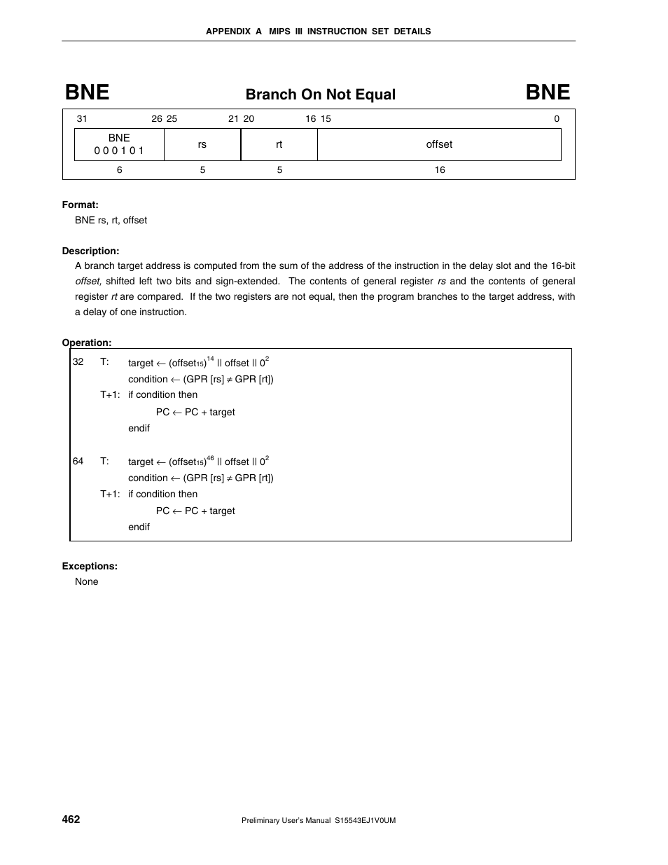 Branch on not equal | NEC Network Controller uPD98502 User Manual | Page 462 / 595