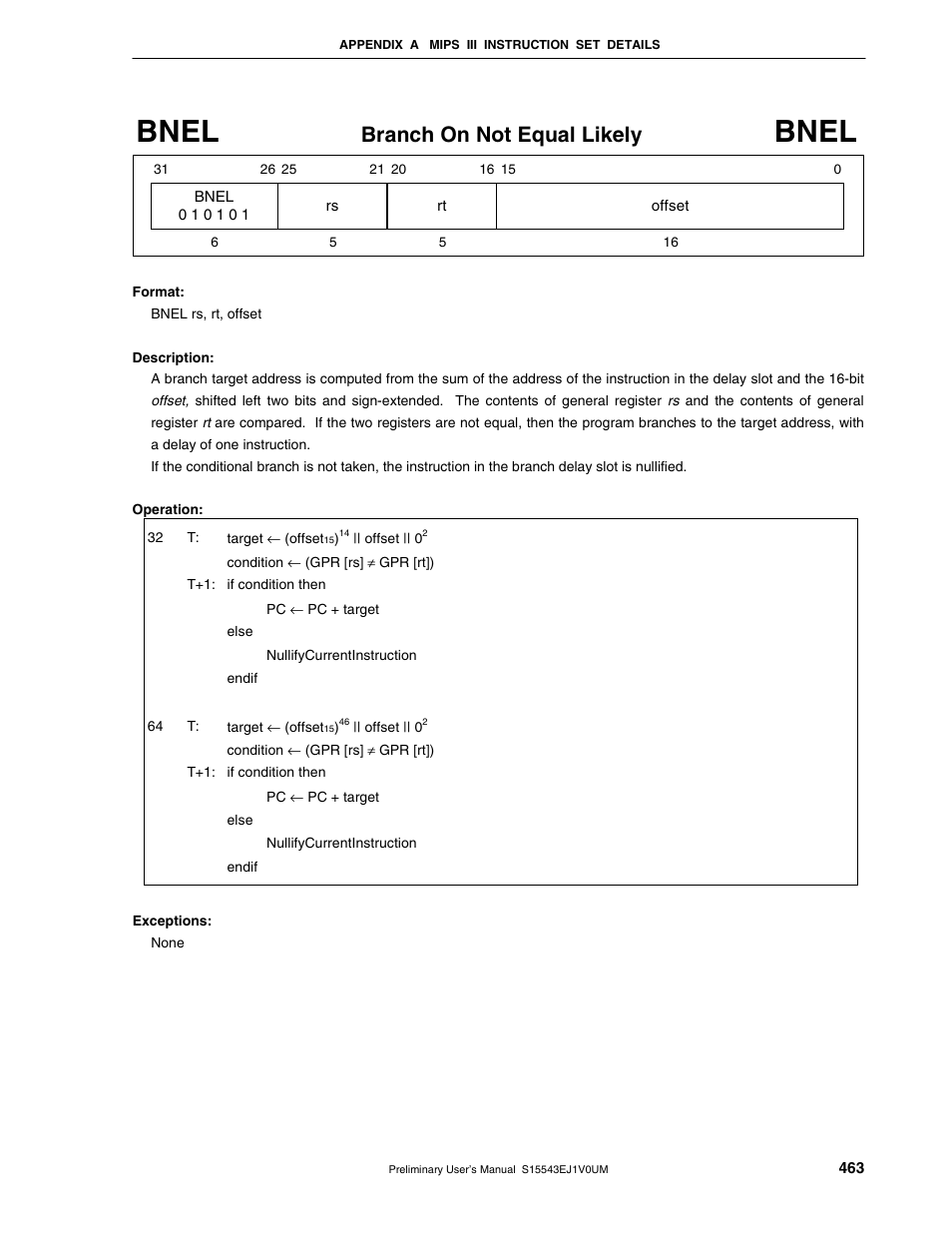 Bnel, Branch on not equal likely | NEC Network Controller uPD98502 User Manual | Page 463 / 595