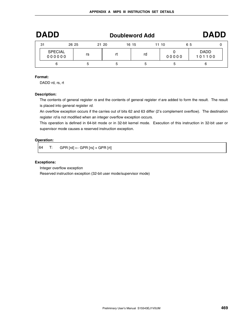 Dadd, Doubleword add | NEC Network Controller uPD98502 User Manual | Page 469 / 595