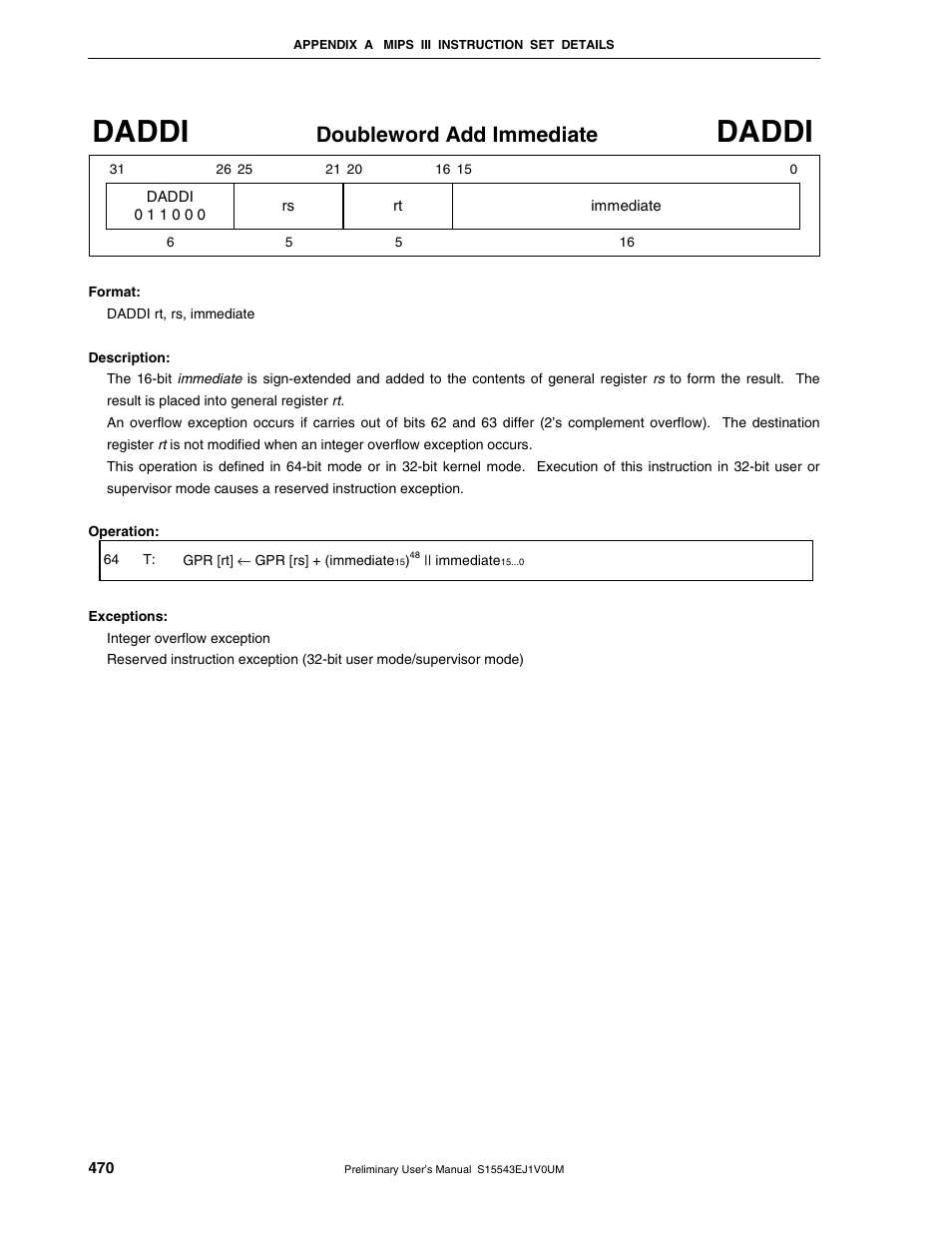 Daddi, Doubleword add immediate | NEC Network Controller uPD98502 User Manual | Page 470 / 595