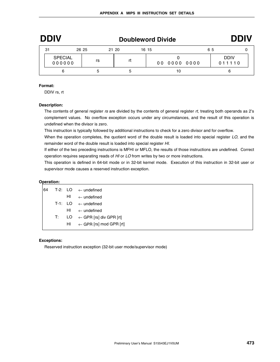 Ddiv, Doubleword divide | NEC Network Controller uPD98502 User Manual | Page 473 / 595