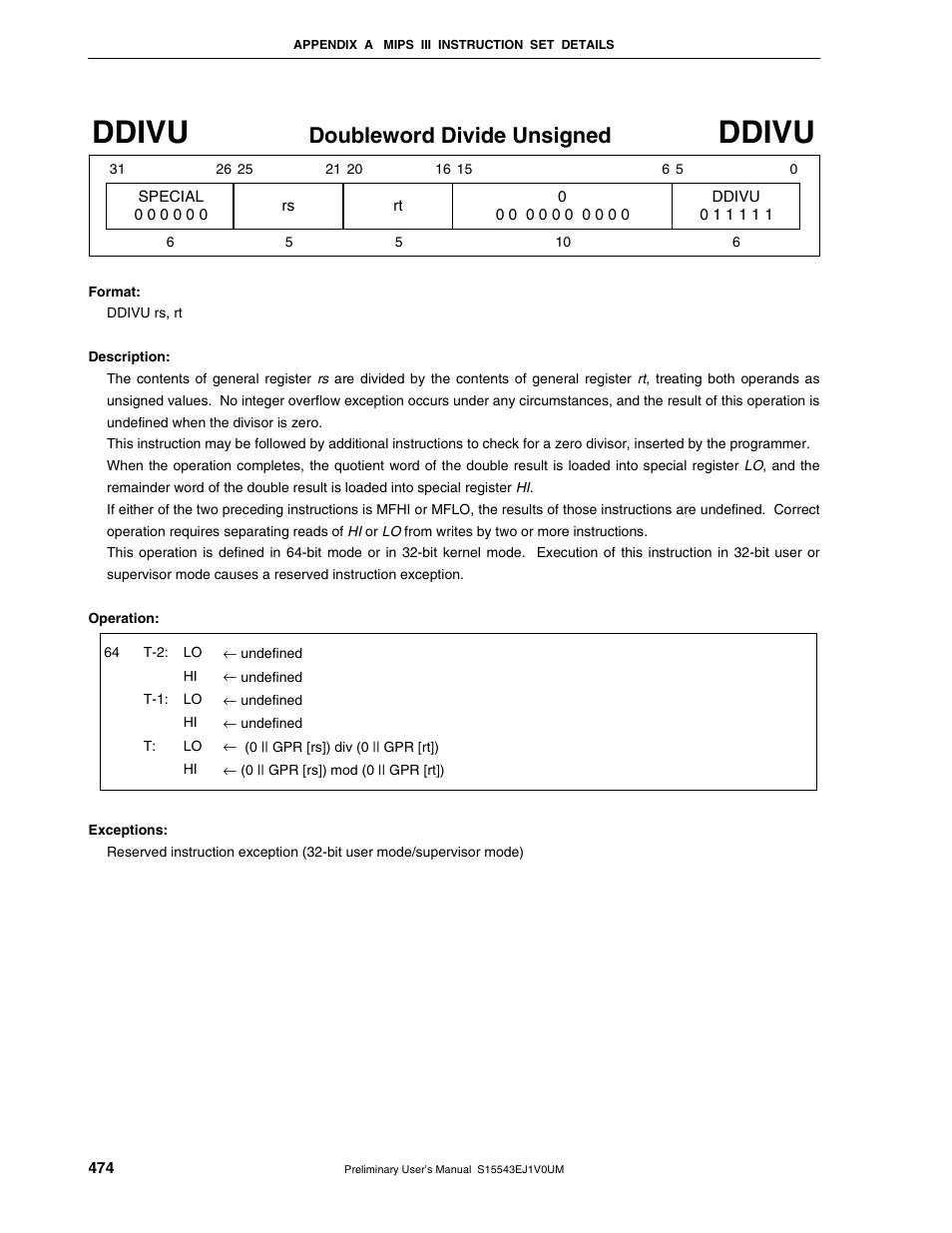 Ddivu, Doubleword divide unsigned | NEC Network Controller uPD98502 User Manual | Page 474 / 595