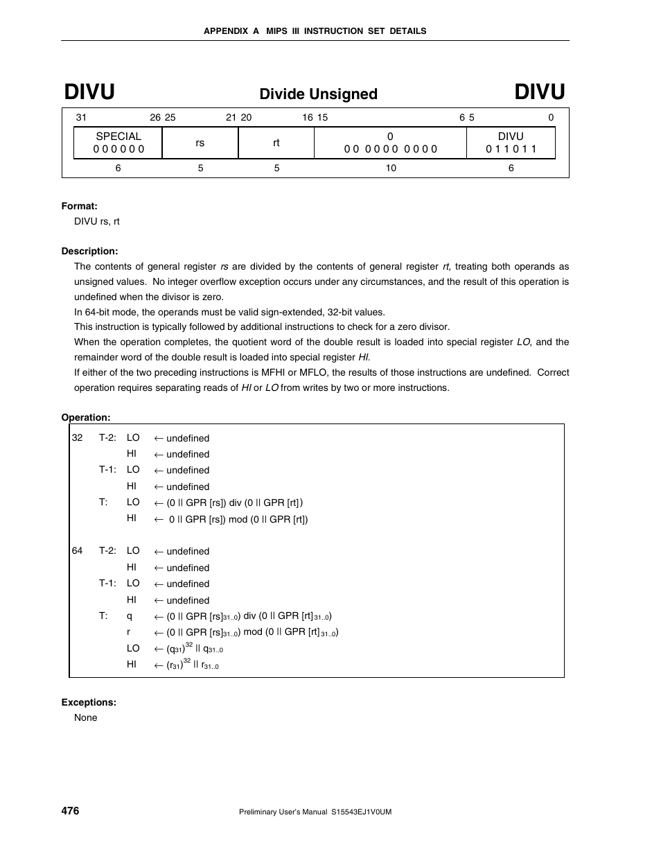Divu, Divide unsigned | NEC Network Controller uPD98502 User Manual | Page 476 / 595