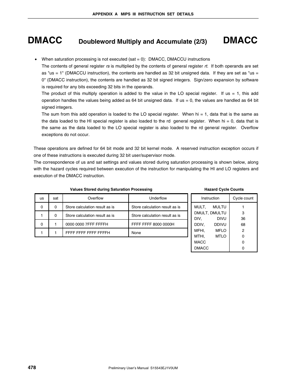 Dmacc, Doubleword multiply and accumulate (2/3) | NEC Network Controller uPD98502 User Manual | Page 478 / 595