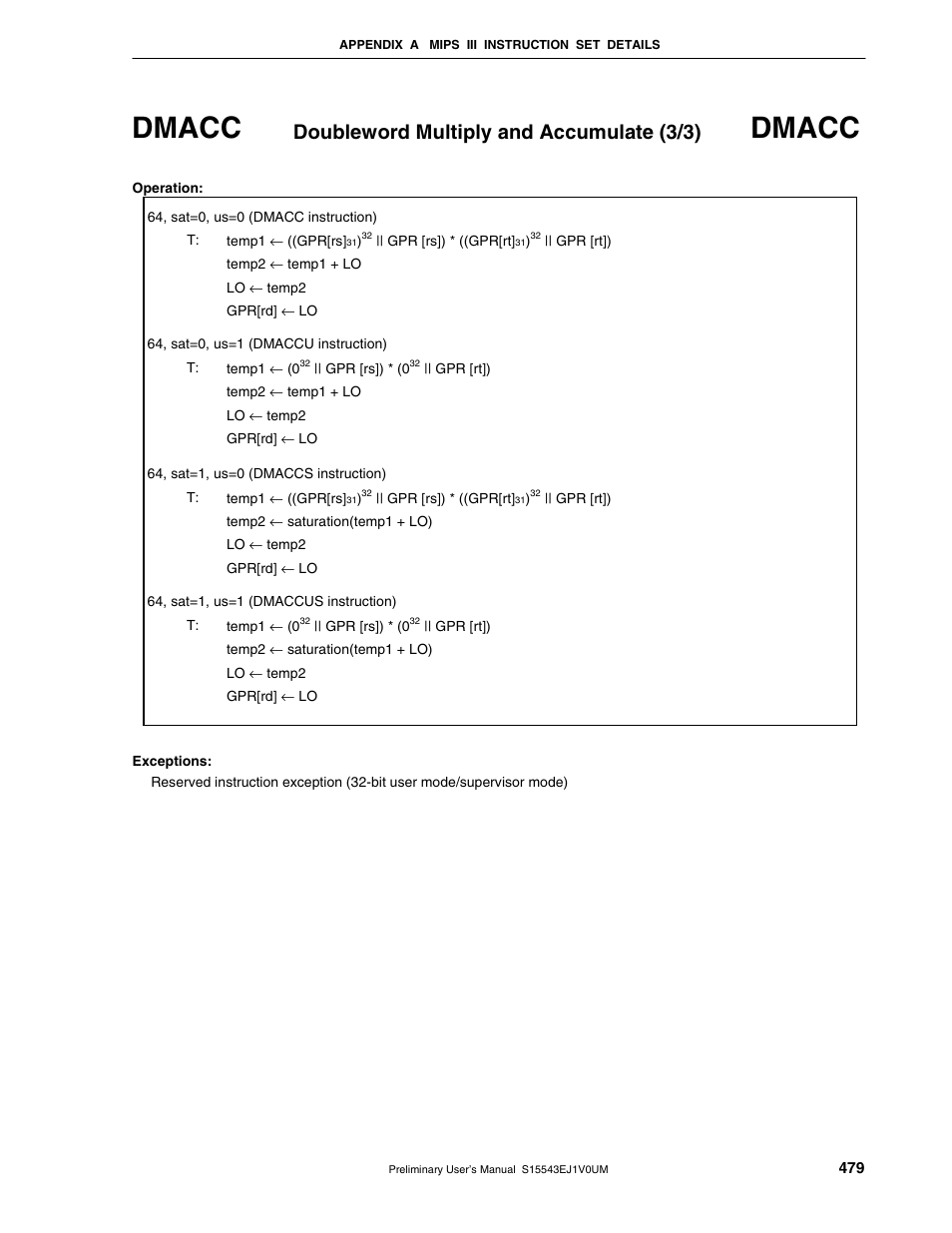 Dmacc, Doubleword multiply and accumulate (3/3) | NEC Network Controller uPD98502 User Manual | Page 479 / 595