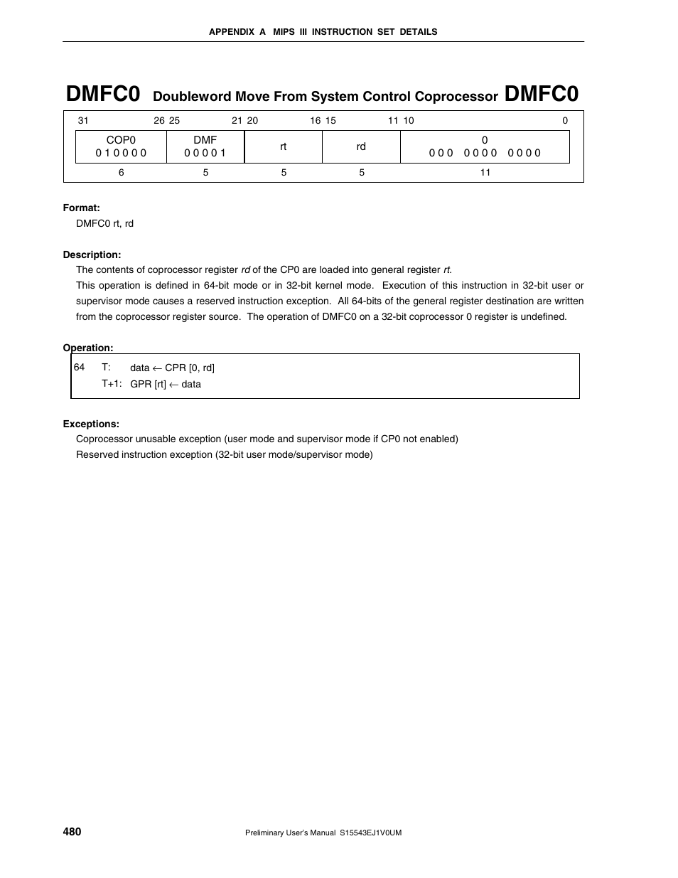 Dmfc0, Doubleword move from system control coprocessor | NEC Network Controller uPD98502 User Manual | Page 480 / 595