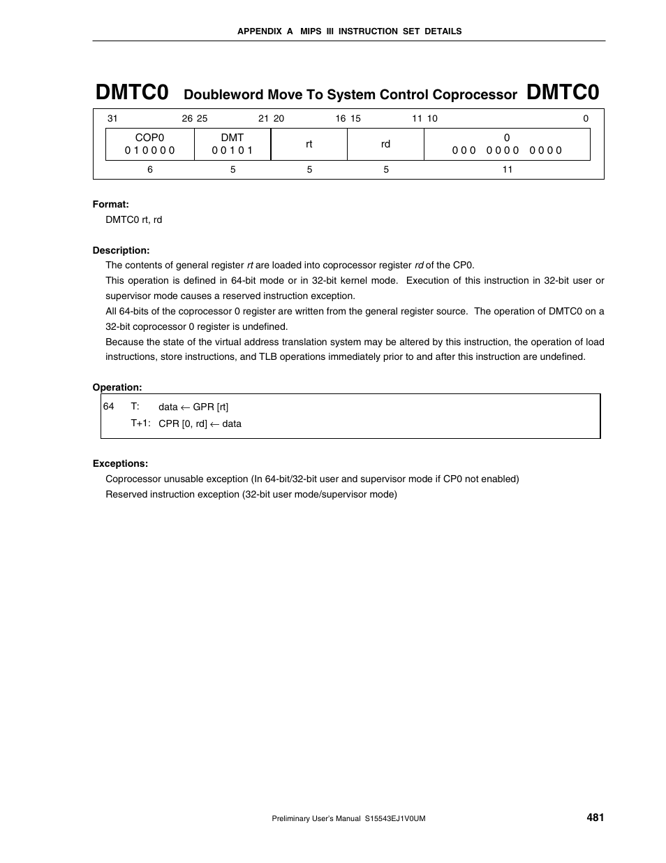Dmtc0, Doubleword move to system control coprocessor | NEC Network Controller uPD98502 User Manual | Page 481 / 595